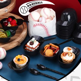 24 Count Summer Baseball Helmet Snack Ice Cream Bowl 24 Pcs Disposable Taster Spoons 8 oz Mini Sundae Bowls Mini Dessert Spoons Plastic Ice Cream Spoon for Party Supplies(Black)