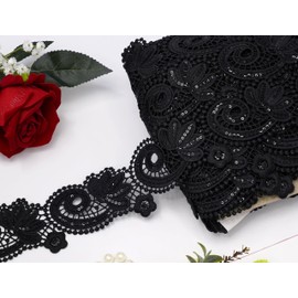 Feathers Creation 2 Yard Black Guipure Lace Trim Sequence Daisy Edging Assorted Style Sewon Double Side Embellishment for altration,Bridal Gown, Veil, Bouquet and Other Decorations. (Floral Black)