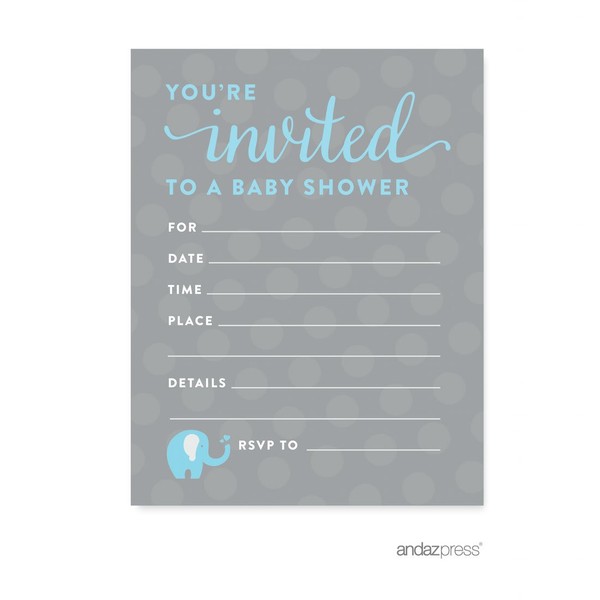 Andaz Press Boy Elephant Baby Shower Collection, Games, Activities, Decorations, Blank Invitations, 20-pack