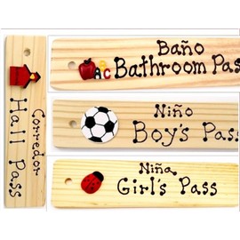 Bilingual Passes - AA-911 ESSET4 Set of 4(Hall, Bathroom, Boy's & Girl's) Made in USA - 8"x2" Wooden Pass w/Hang Loop.
