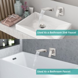 Aolemi Wall Mount Bathroom Faucet Single Handle Wall Mounted Tub Filler Sink Faucet with Waterfall Spout Brass Rough-in Valve Included,Brushed Nickel