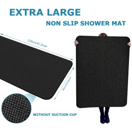 Extra Large Shower Mats Non Slip Without Suction Cups, 23.6×47.2Inch, Bath Mat for Textured Tub Surface, Loofah Mats for Shower and Bathroom, Quick Drying, Black