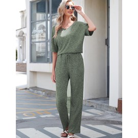 JiniGolla Womens Lounge Set Ribbed Knit Pajama Set Short Sleeve Top and Pants Pj Set Deep Green M