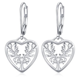 Heart Shape Leverback Earrings, 925 Sterling Silver Tree of Life Drop Dangling Earrings, Heart Hypoallergenic Earring for Sensitive Ears for Women Girlfriend with Box