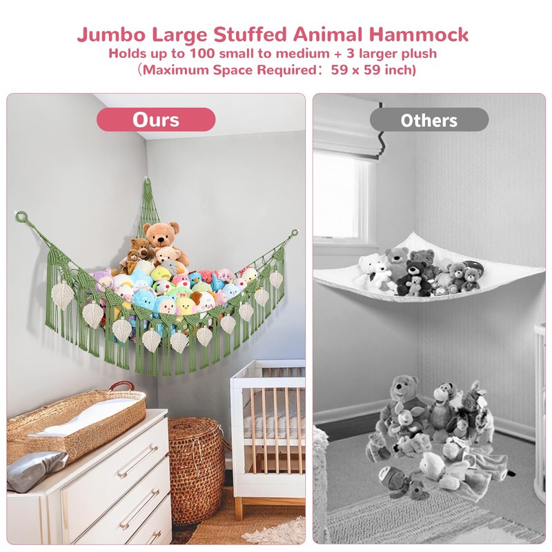 82.7x59x59 Inch Jumbo Stuffed Animal Storage Hammock Corner, Green Macrame