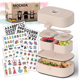 MOCADA® Bento Box for Children Including 216-Piece Sticker Set - BPA Free - Leak-proof Lunch Box with Cutlery & Compartments - Sustainable Non-Toxic Lunch Box for Nursery, School & Excursions (Beige)