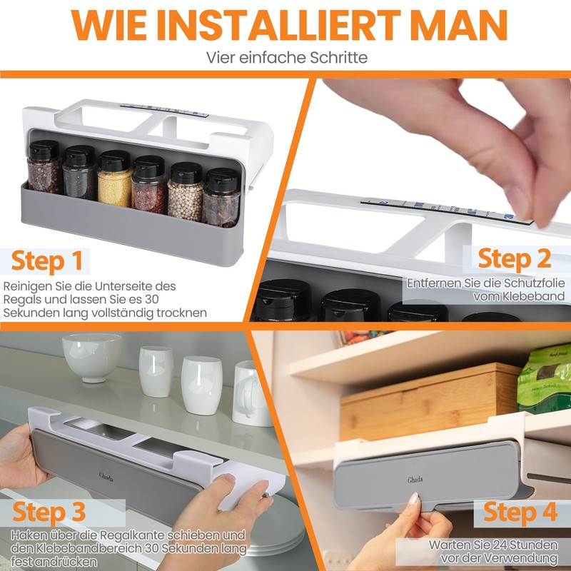 GHADA Under Shelf Spice Rack, 6 Cans, Extendable, No Drilling