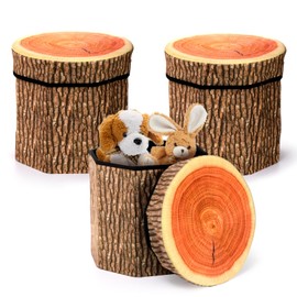 Lawei 3 Pack Tree Stump Storage Stools, 12 x 12 Inches Folding Storage Stool Ottoman with Foam Cushion, Collapsible Storage Seat Chest, Vintage Storage Toy Box Wood Stump Organizer Stool for Toy