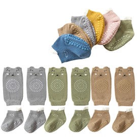 Feidoog Baby Crawling Anti-Slip Elastic 3 Pairs Knee Pads and 3 Pairs Socks Set,Toddler Knee Protector for Baby Kids Kneepads,Gray+Khaki+Green,M 1-3 Years