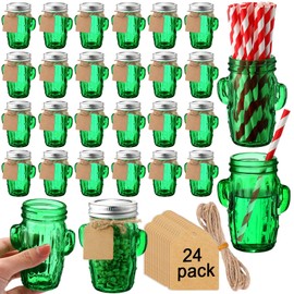 Maxcheck 24 Sets 3oz Cactus Mason Jars Shot Glasses with 24pcs Shot Glasses 24pcs Silver Lids 30pcs Straw, Glass Cactus Decor Favor Jars for Weddings, Decoration Parties DIY Drink Dessert Candle Craft