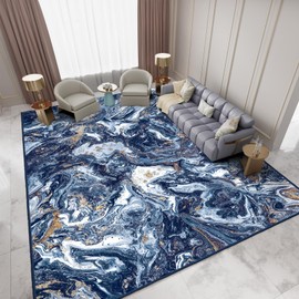 GEMBED Washable Area Rug 5x7 - Artistic Style Modern Rug for Living Room Bedroom Dining Room, Soft Low Pile Machine Washable Carpet, Non Slip Non Shedding Area Rug - Dark Blue/Gold, 5'x7'