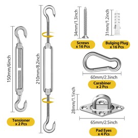 HOOPOE Awning Mounting Set, 40 Pieces M6 Stainless Steel Awning Accessories Mounting with Turnbuckles, Pad-Eyes, Carabiner Hook, Screw and Expansion Tube for Awnings Mounting Kit
