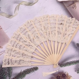 Propupy Retro Cotton Lace Fan with Bamboo Staves and Silk Tassels, Beige, Length 10.65" x Width 19.2", Handmade, Portable, Great for Weddings, Parties, and Decoration