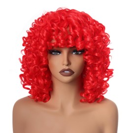 PORSMEER Red Curly Wigs for Women Synthetic Hair Natural Loose Curly Afro Kinky Medium Wavy Bob 70’s 80'S Wig Black Women for Costume or Daily Wear(Hot red)