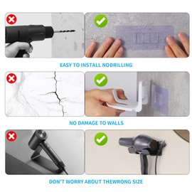 New B1919 2Pcs Universal Hair Dryer Holder, Blow Dryer Holder with Cord Storage, Hair Dryer Holder Wall Mounted, Stand for Dyson, Space-Saving, Easy No-Punch Installation (White&Black)