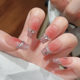 Pure Handmade Nails Press on Nail Reusable Fake Nails Red Bling Bling Rhinestones French Nude Medium Stick on Nails French Tip False Nails 10pcs (S, Q287)