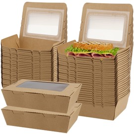 KEILEOHO 60 Pack Take Out Kraft Brown Boxes with Clear Window, 40oz Take Out Food Containers, Catering To Go Pastry Boxes, Disposable Paper Food Boxes for Pastries, Dessert