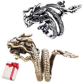 Ouceanwin 2 Pieces Vintage Punk Rings Dragon Jewellery Silver Adjustable Stainless Steel Gothic Ring Men's Retro Dragon Ring Open Adjustable Finger Ring Jewellery for Men Women, Stainless Steel