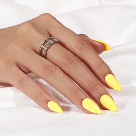 SXVME Yellow Press On Nails Almond - Summer Press On Nails Medium Stiletto, Opaque Solid Bright Yellow Fake Nails with Glue, Fit Perfectly, Reusable Soft Gel Stick on Nails for Women, 24 Pcs