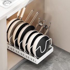 storage shelf rack for pots and pans under cabinet slide out，pot lid organizer for cabinet，pan storage rack，cooking pan,Dish Storage Rack， Baking pan storage，with 8 Adjustable Dividers