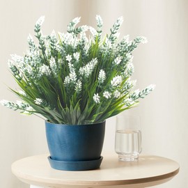 Artificial Plants Outdoor Fake Grass with Flowers UV Resistant Greenery Garden Porch Window Box Decorating (White)