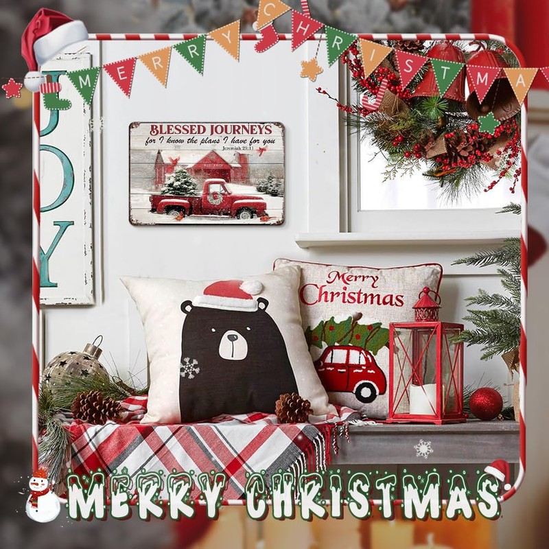 Red Truck Barn Cardinal Blessed Journeys Merry Christmas Metal Sign