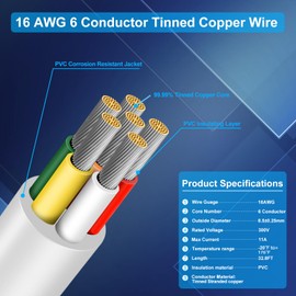 16 Gauge 6 Conductor Electrical Wire, 32.8 FT Low Voltage 16/6 Tinned Copper Stranded 6 Wire Cable, 16 AWG White Flexible Extension Power Cord for Automotive, LED Lamp, Outdoor Landscape Lighting Etc