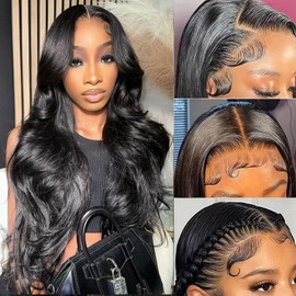 Qunali Body Wave Lace Front Wigs Human Hair 13x4 HD Lace Front Wigs Human Hair 180% Density Wigs For Women Lace Frontal Glueless Wigs Human Hair Pre Plucked With Baby Hair 28inch