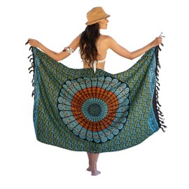 NELUHA Women's Sarong Scarf with Sarong Holder Pareo Wrap Towel Dress Wrap Skirt Women's Beach Towel XXL Cloth Men Pareo Women's Beach Towel Women's Mandala Green, mandala orange turquoise