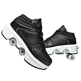 2026 Hot Style LED Roller Skate Shoes 2 in 1 Four Wheels Kids Roller Skate ShoesColor: Black, Shoe Size: 38