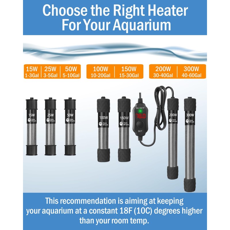 AquaMiracle Adjustable 15W Aquarium Heater Submersible Fish Tank Heater Super