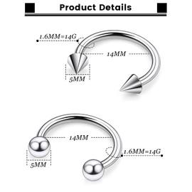 Tvalccoy F136 Titanium 14g Septum Ring 14 Gauge Horseshoe Earrings Jewelry Surgical 14 g 14mm Snake Bites Lip Rings Piercing Hoop Internally Threaded
