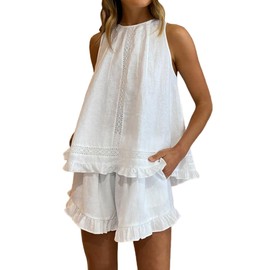 Sotimoon Womens Ruffle Short Set 2 Piece Outfits Fashion Summer Sleeveless Lace Trim Top and Shorts Cotton Pajama Sets