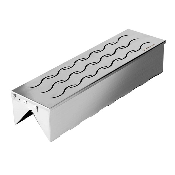Skyflame Wood Chip Smoker Box, Stainless Steel Double V-shape BBQ Smoke Box with Hinged Lid for Charcoal & Propane Gas Grill, 12.5"(L) x 3.3"(W) x 2.5"(H), U.S. Design Patent