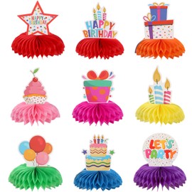 Mabor Birthday Table Decorations, 9Pcs Colorful Birthday Centerpieces for Tables, Themed Honeycomb Centerpieces Table Toppers for Girls Boys Men Women Birth Date Party Supplies