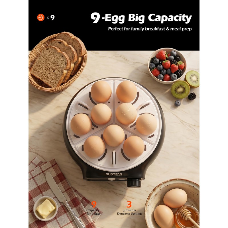 SUSTEAS Rapid Egg Cooker 9 Eggs, Soft, Medium, Hard Boiled,