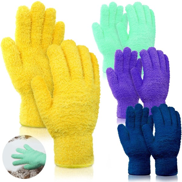 JUNRU 4 Pairs Microfiber Auto Dusting Cleaning Gloves Washable Cleaning Mittens for Kitchen House Cleaning Cars Trucks Mirrors Lamps Blinds Dusting Cleaning (Green, Dark Blue, Yellow, Purple)