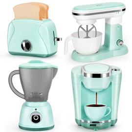 Play Kitchen Appliances Toy Set with Coffee Maker Machine, Mixer, Toaster, Blender, Kids Kitchen Playset, Play Kitchen Accessories with Sound & Light, Birthday Gifts for Kid Girls Ages 3-5 4-8