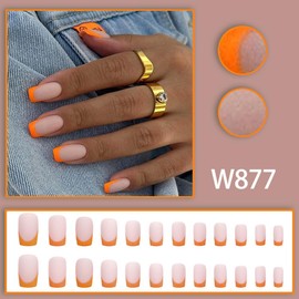 Orange French Press on Nails Medium Square - Summer Autumn Fake Nails Frosted False Nails Press ons Full Cover Nude Pink Nail Tips Acrylic Nail Art Kit for Women Girls 24 Pcs