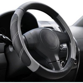 Leather Steering Wheel Cover 37-38cm Universal, Padded Soft Grip Breathable for Car Truck SUV Jeep, Anti Slip Odorless Black and Gray