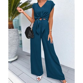 PRETTYGARDEN Two Piece Outfits For Women 2025 V Neck Cap Sleeve Strappy Crop Tops Loose Fit Wide Leg Pants Sets(Solid Teal,Small)