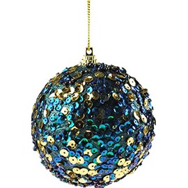Set Of 6 Opulent Glitter Encrusted Blue Gold Sequin Christmas Tree Baubles Decorations