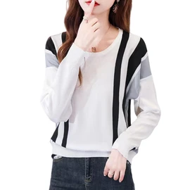Merelop Ceto Women's Knit Long Sleeve Sweater, Striped, Cut and Sewn, Crew Neck Top, Loose Fit, Body Cover, Casual, Pullover, Soft, Cute, Stretchy, Fashionable, Spring, Summer, Autumn, Winter, white