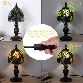 Radtiff Small Tiffany Table Lamp 6 inch Green Dragonfly Grape Stained Glass 3-Color-Temperature Desk Lamps for Bedside Living Room Office Decorate Home Include LED Bulb