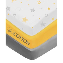 American Baby Company 3 Pack 100% Natural Cotton Fitted Crib Sheets 52" x 28" - Soft, Breathable, Hypoallergenic & Gentle Toddler Bed Sheets, Yellow Star/Yellow/Gray, Neutral for Boys & Girls