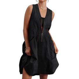 Fisoew Women's Sleeveless Tank Mini Dress Casual Half Zip V Neck Loose Mesh Back Utility Summer Dresses with Pockets Black