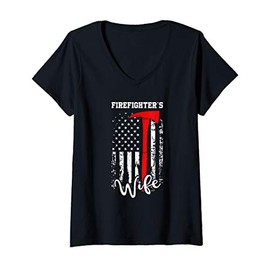 Womens Firefighter Wife Fireman Wife Gift American Flag Axe V-Neck T-Shirt