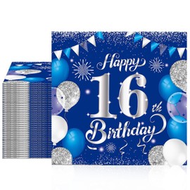 40 servilletas de cumpleaños, dulces 16 servilletas para niños y niñas desechables, suministros de decoración de fiesta temática feliz (azul y plateado)