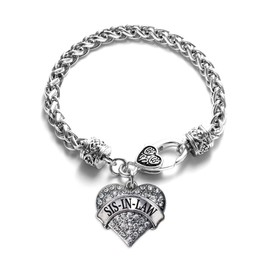 Inspired Silver - Sis-In-Law - Silver Braided Bracelet for Women - Pave Heart Charm Bracelet Jewelry Gift with Cubic Zirconia - Women's Charm Bracelet with Lobster Claw Clasp