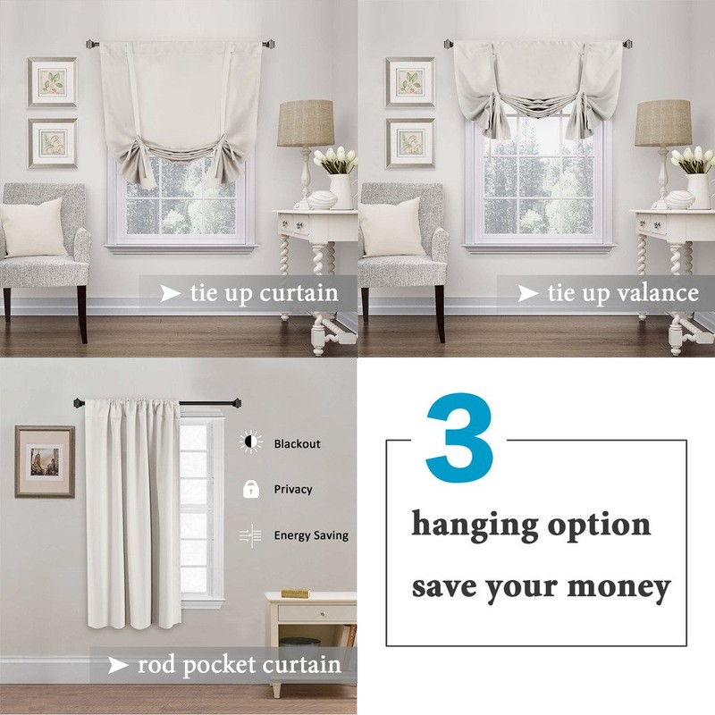 Thermal Insulated Blackout Tie Up Curtain, Adjustable Window Shade, Rod